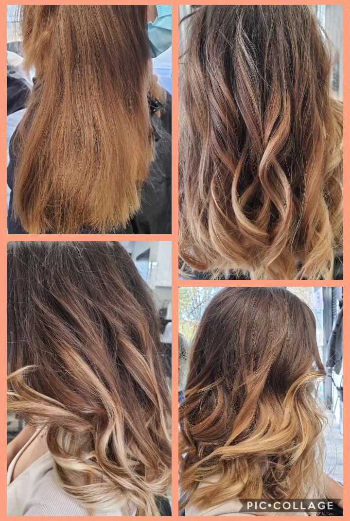 Quatre photos avant et après d’un balayage caramel sur cheveux châtains